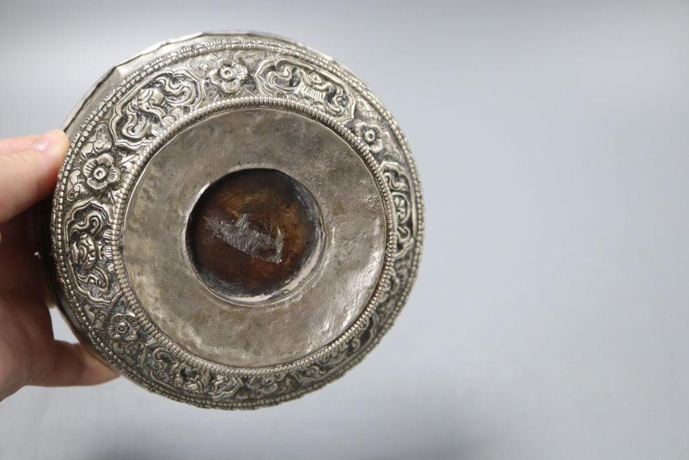 A South American white metal mounted burr wood bowl, diameter 14cm